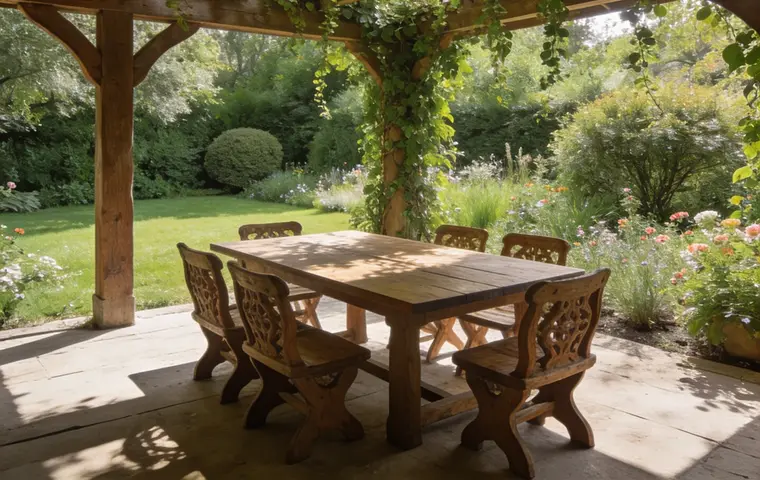 pérgola de madera con mesa de comedor rodeada de plantas