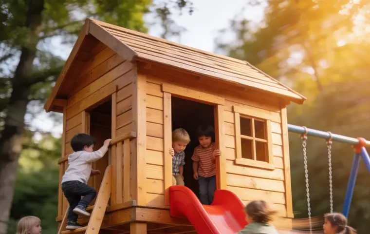 casita de madera infantil con tobogán en un jardín