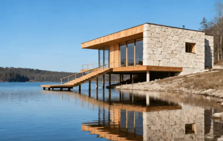 casa de madera y piedra sobre el agua con embarcadero